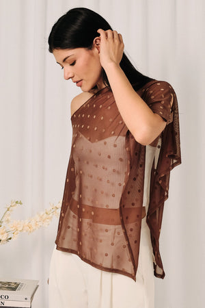 SUNDAY EDITION Women's Top Brown Polka Dot Mesh Boat Neck Handkerchief Poncho
