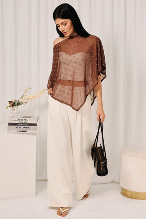 SUNDAY EDITION Women's Top Brown Polka Dot Mesh Boat Neck Handkerchief Poncho
