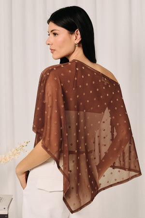 SUNDAY EDITION Women's Top Brown Polka Dot Mesh Boat Neck Handkerchief Poncho