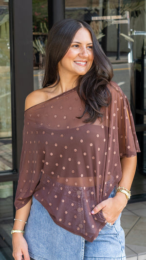 SUNDAY EDITION Women's Top Brown Polka Dot Mesh Boat Neck Handkerchief Poncho