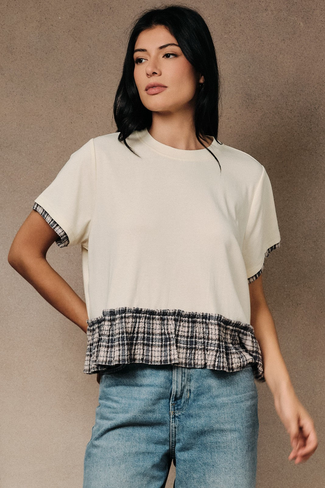 SUNDAY EDITION Women's Top Crew Neck Short Sleeve Contrast Plaid Peplum Boxy Top