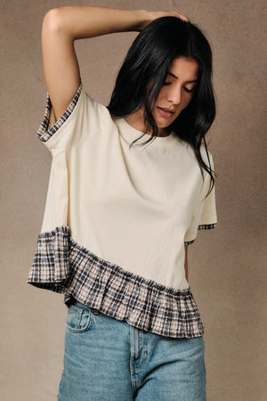 SUNDAY EDITION Women's Top Crew Neck Short Sleeve Contrast Plaid Peplum Boxy Top
