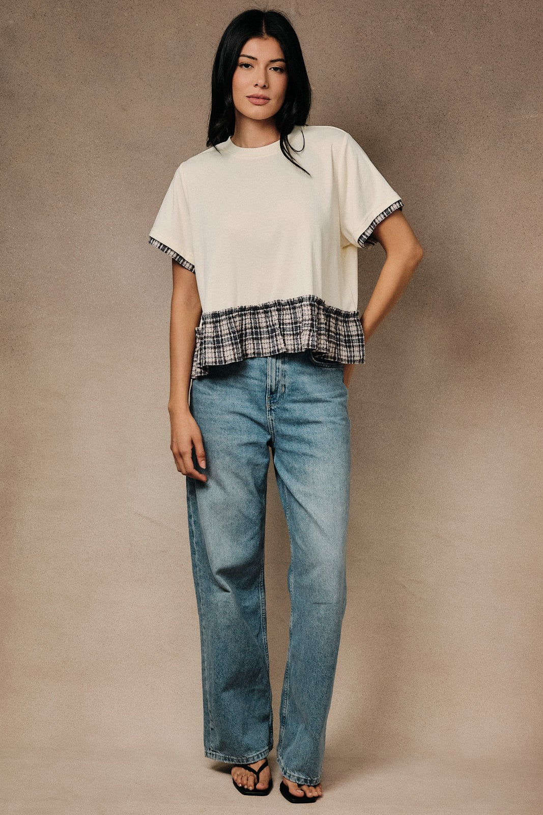 SUNDAY EDITION Women's Top Crew Neck Short Sleeve Contrast Plaid Peplum Boxy Top