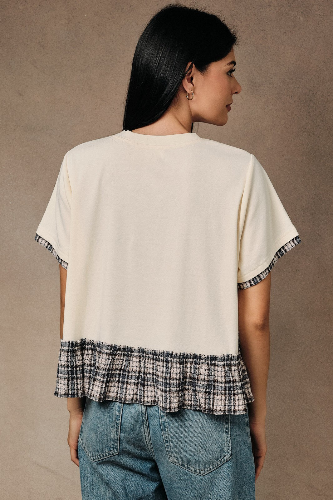 SUNDAY EDITION Women's Top Crew Neck Short Sleeve Contrast Plaid Peplum Boxy Top