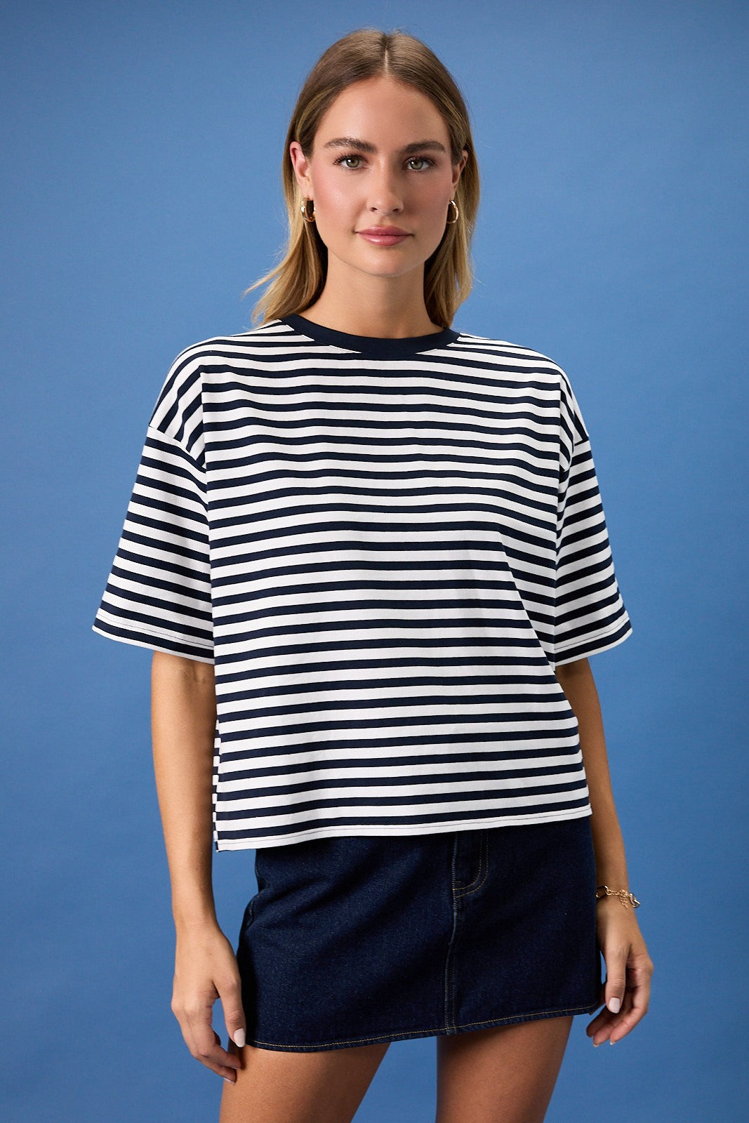 SUNDAY EDITION Women's Top NAVY / S Striped Boxy Oversized Tee Cutout Open Tie Back JT8088