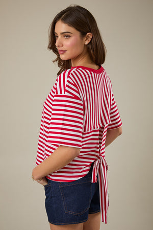 SUNDAY EDITION Women's Top RED / S Striped Boxy Oversized Tee Cutout Open Tie Back JT8088