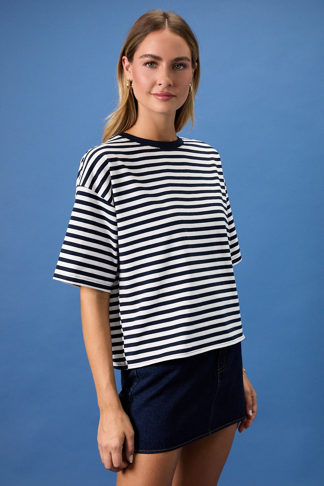 SUNDAY EDITION Women's Top Striped Boxy Oversized Tee Cutout Open Tie Back