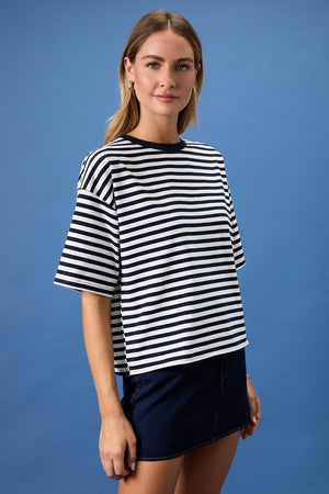 SUNDAY EDITION Women's Top Striped Boxy Oversized Tee Cutout Open Tie Back