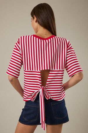 SUNDAY EDITION Women's Top Striped Boxy Oversized Tee Cutout Open Tie Back
