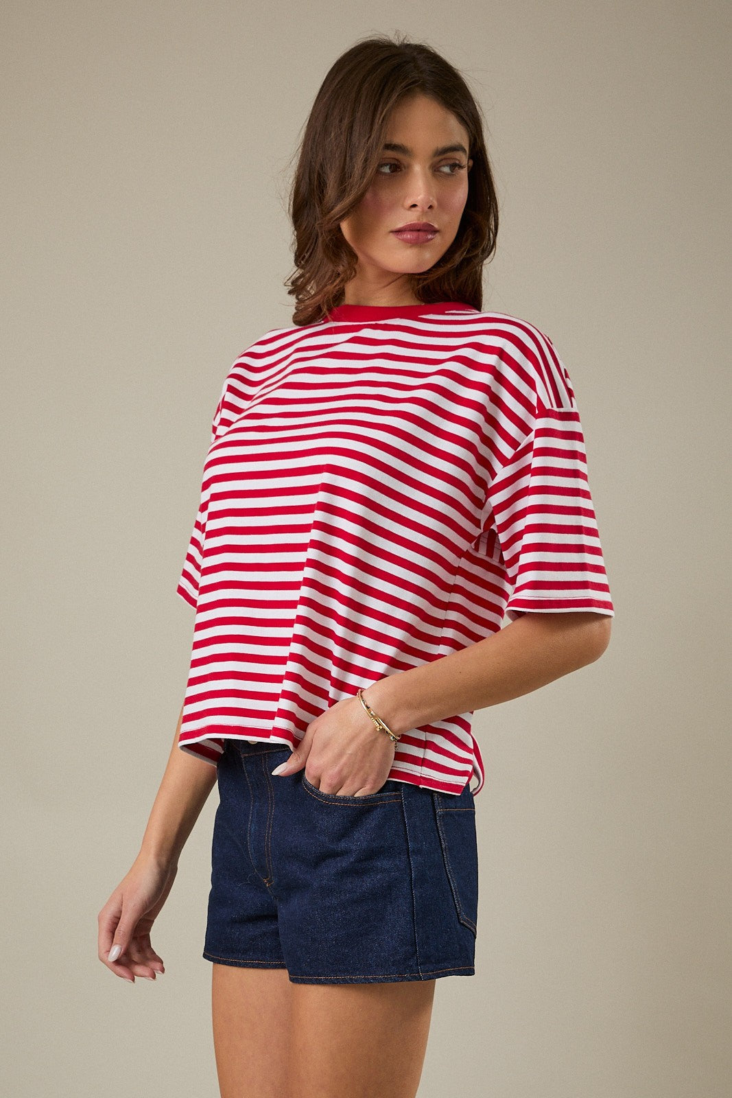 SUNDAY EDITION Women's Top Striped Boxy Oversized Tee Cutout Open Tie Back