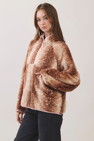 TCEC Women's Jackets Deer Print Faux Fur Half-zip Jacket