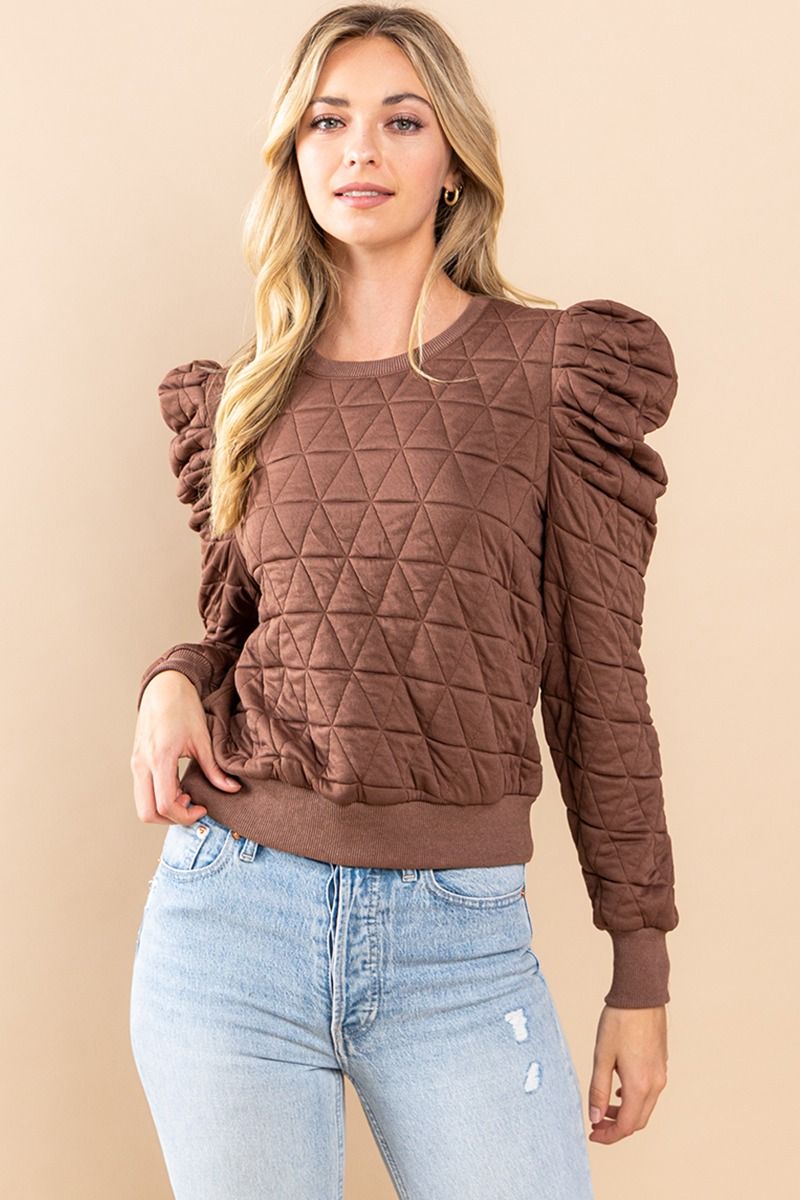 TCEC Women's Sweaters CHOCOLAT / S Quilted Puffed Shoulder Sweater || David's Clothing CW2506