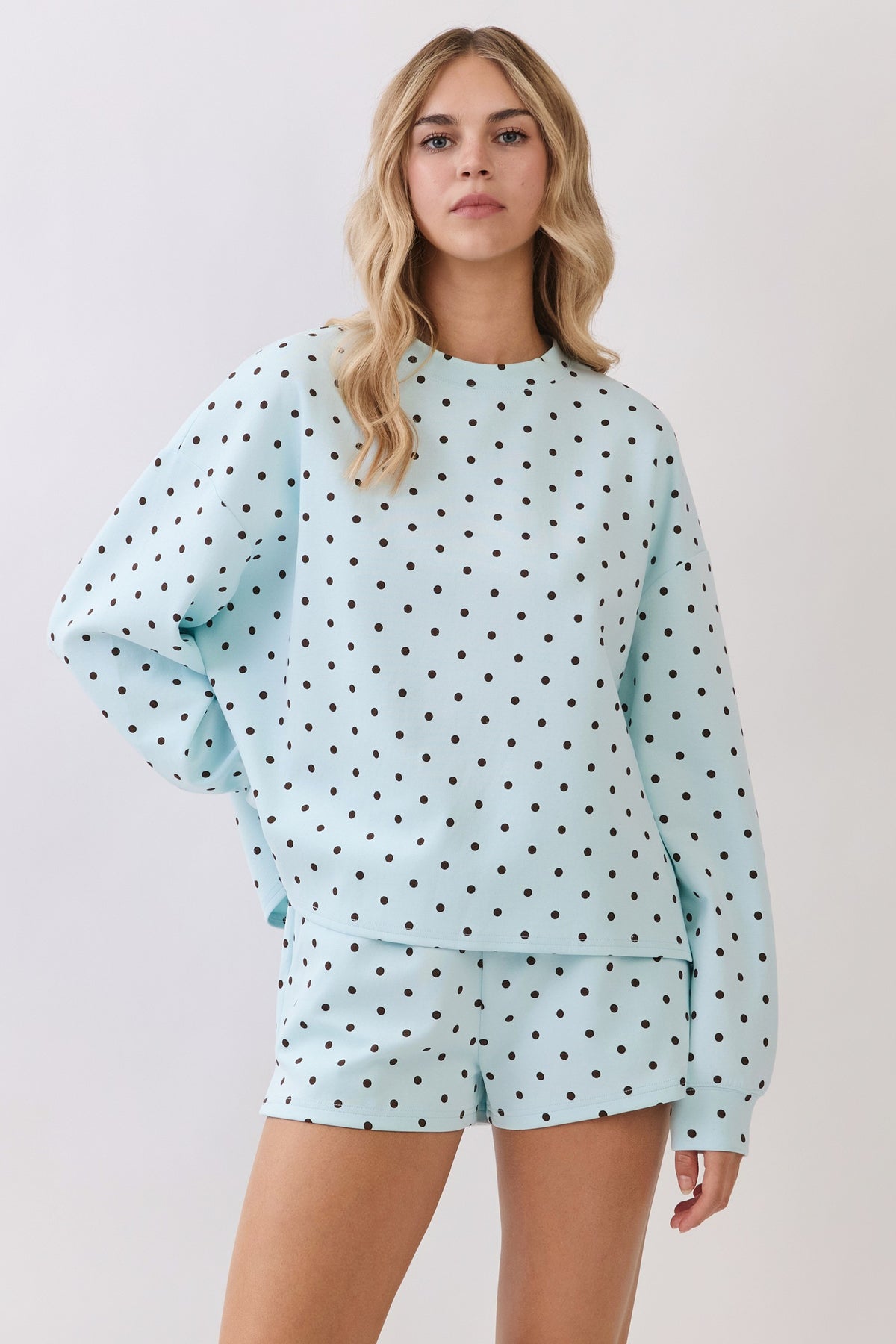 TCEC Women's Top BABY BLU / S Polka Dot Print Lounge Sweatshirt CT10089