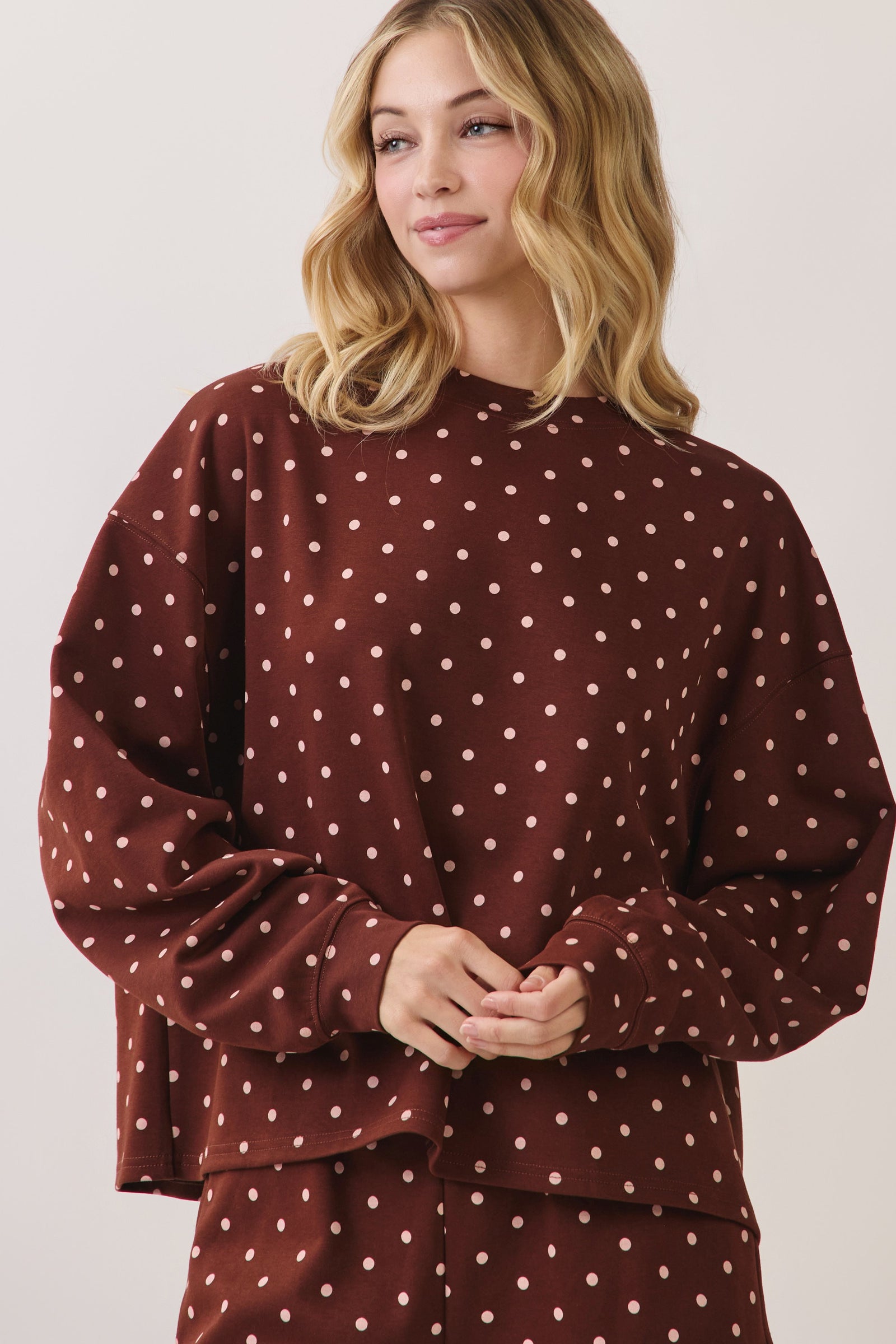 TCEC Women's Top BABY BLU / S Polka Dot Print Lounge Sweatshirt CT10089