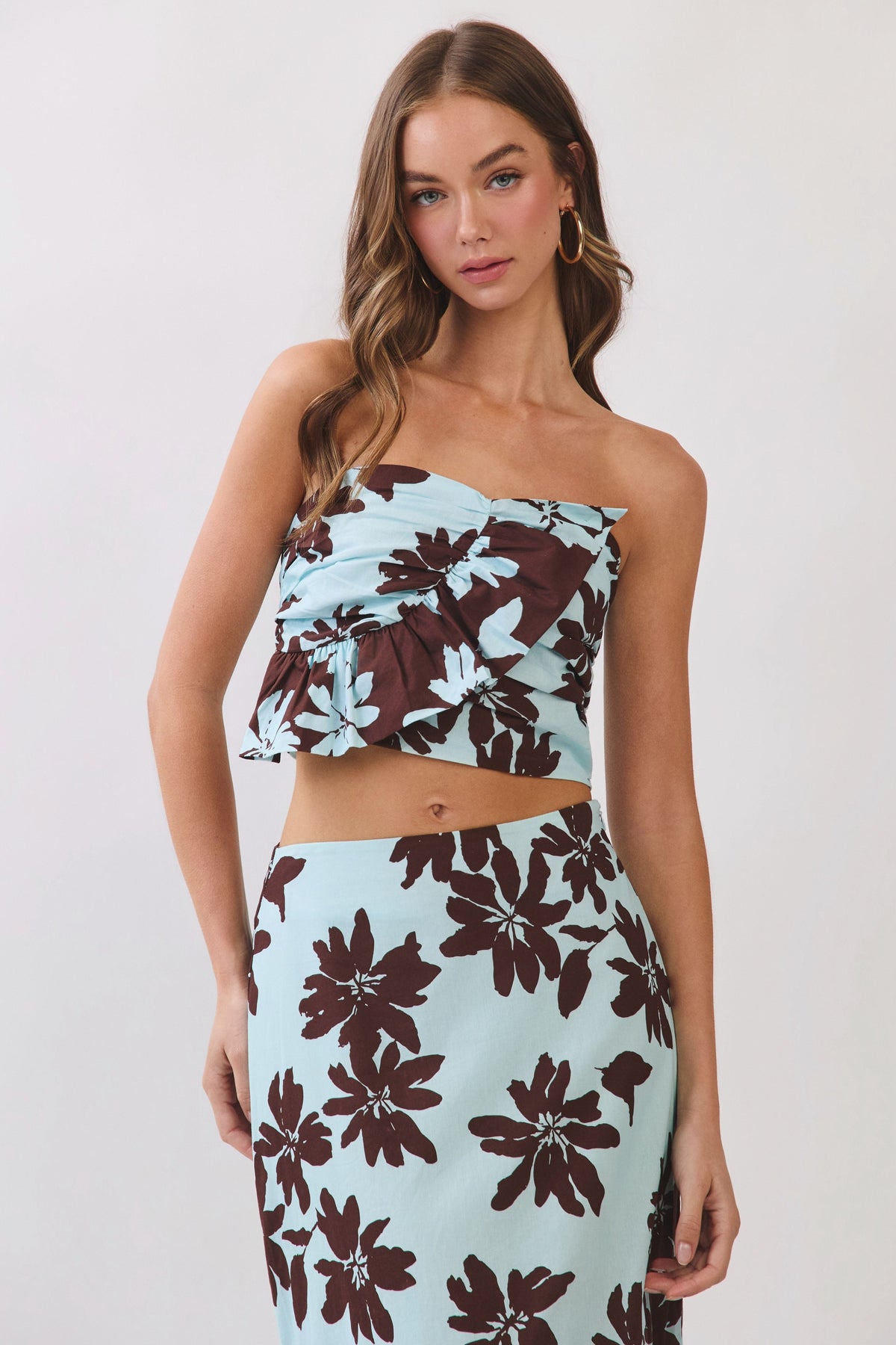 TCEC Women's Top Floral Print Strapless Ruffle Crop Top