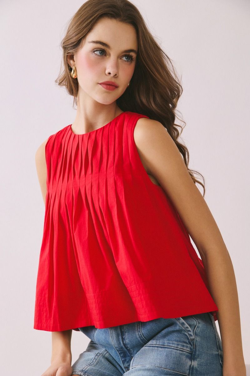 TCEC Women's Top Pleated Detail High Low Sleeveless Top