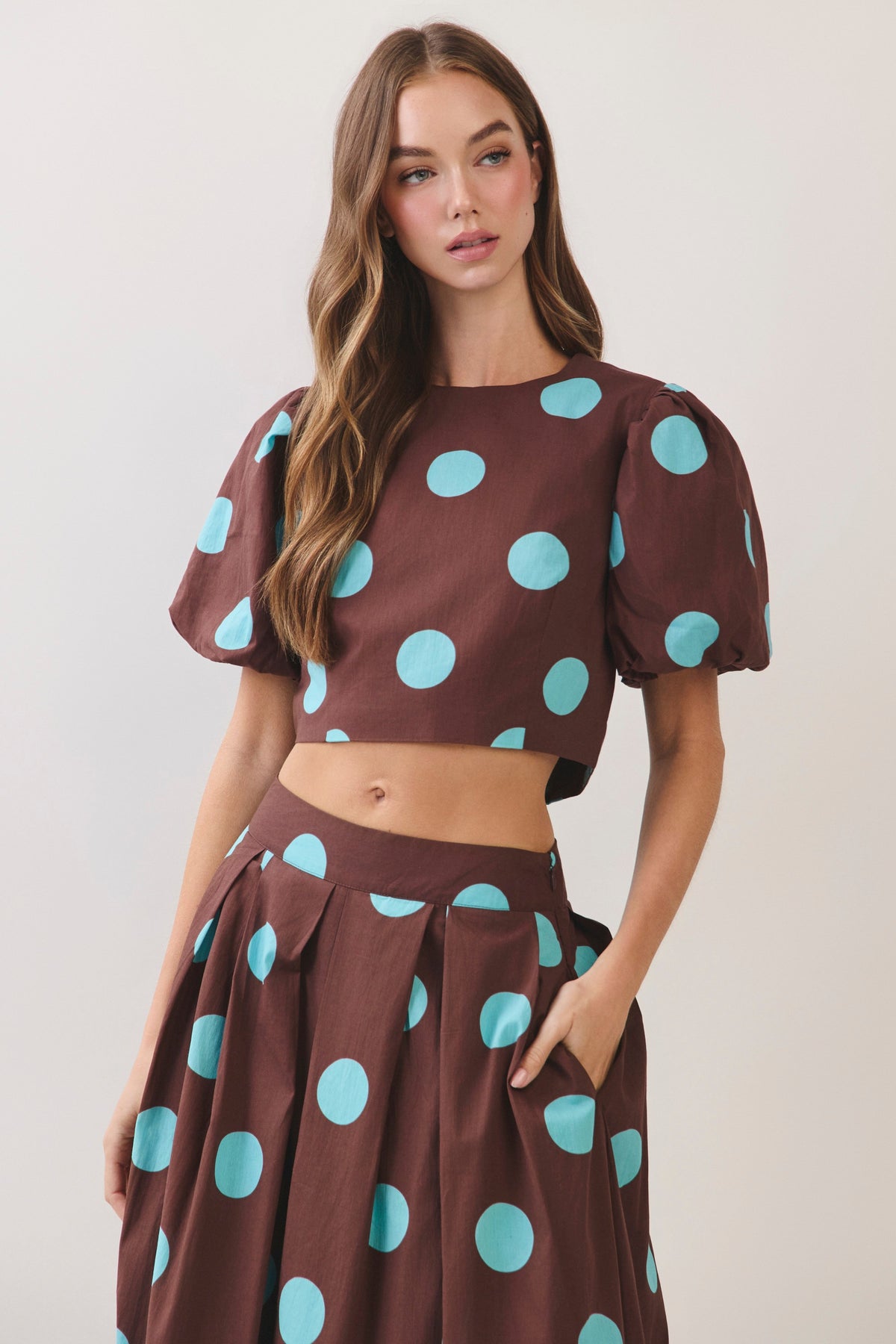 TCEC Women's Top Polka Dot Puff Sleeve Crop Top