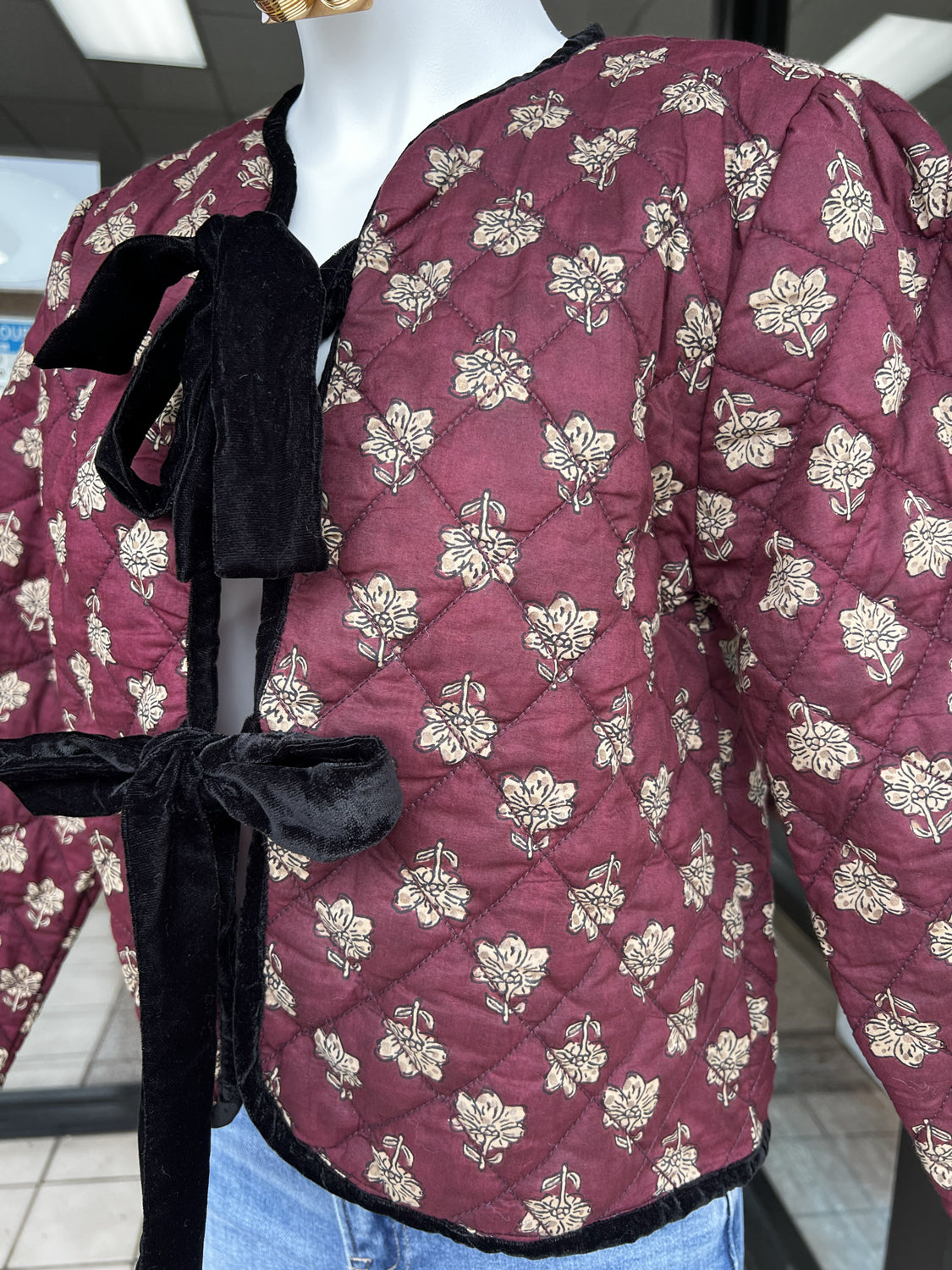 THML Women Jackets Velvet Bow Floral Quilted Jacket