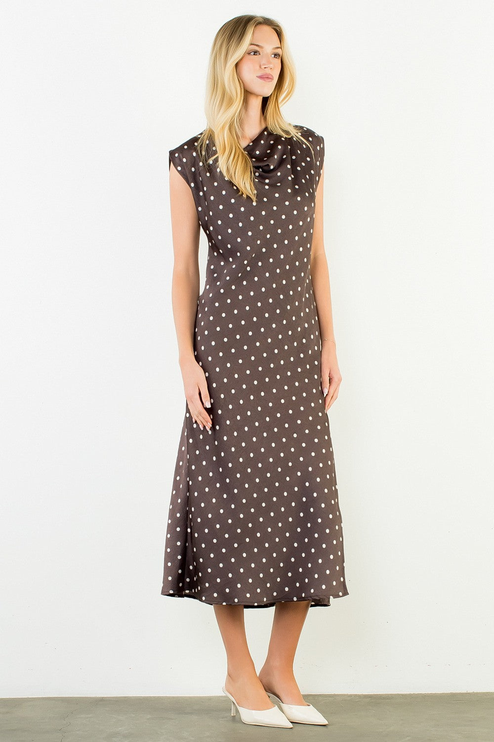 THML Women's Dresses Cowl Neck Polka Dot Slit Dress