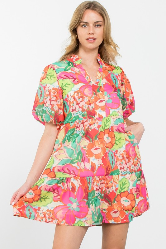 THML Women's Dresses Puff Sleeve Floral Print Dress || David's Clothing