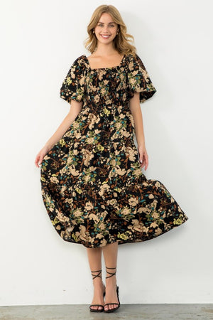THML Women's Dresses Puff Sleeve Smocked Floral Dress