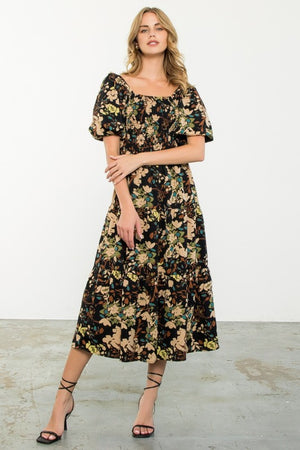 THML Women's Dresses Puff Sleeve Smocked Floral Dress