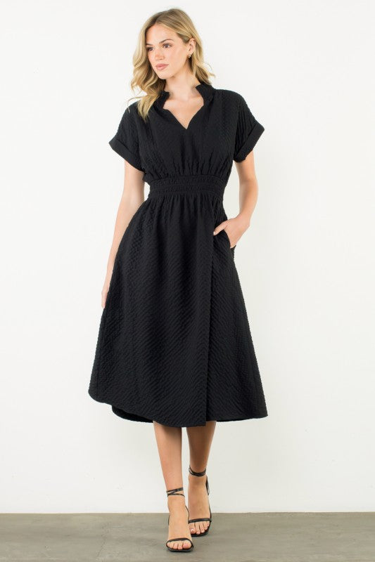 THML Women's Dresses Textured Split Neck Smocked Waist Dress || David's Clothing