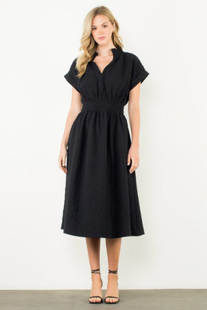 THML Women's Dresses Textured Split Neck Smocked Waist Dress || David's Clothing