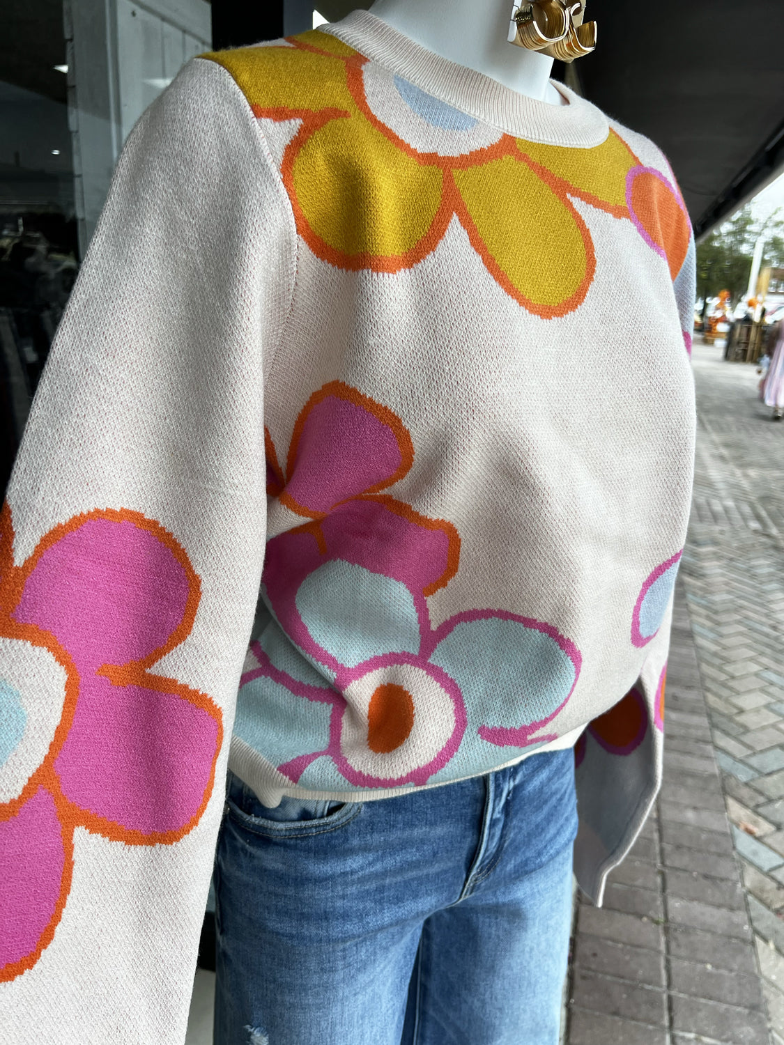 THML Women's Sweaters Color Block Flower Knit Sweater