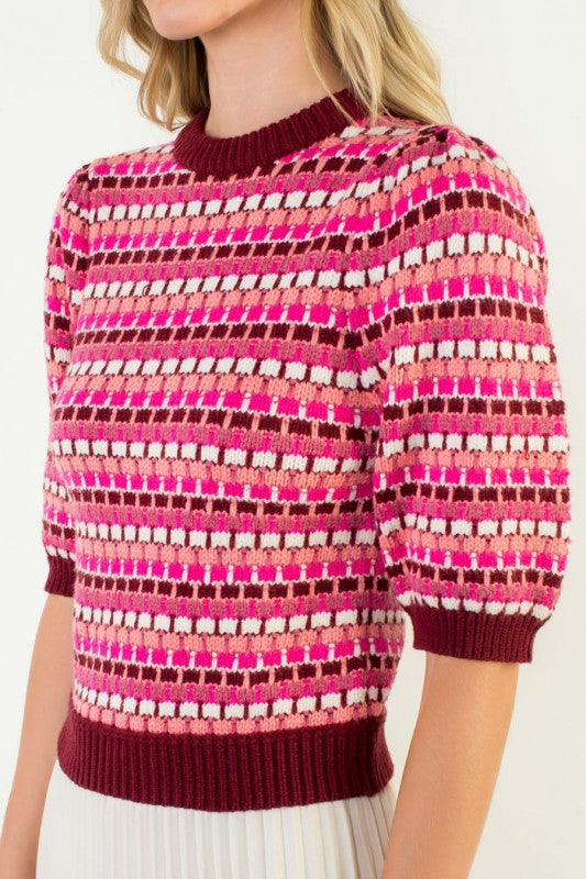 THML Women's Sweaters Textured Stripe Puff Sleeve Knit Top