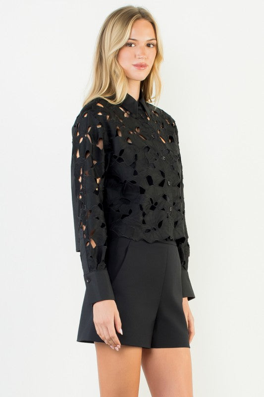 THML Women's Top Eyelet Detailed Long Sleeve Top