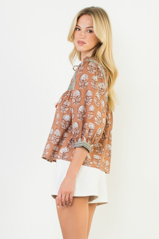 THML Women's Top Floral Tassel Tie Balloon Sleeve Top