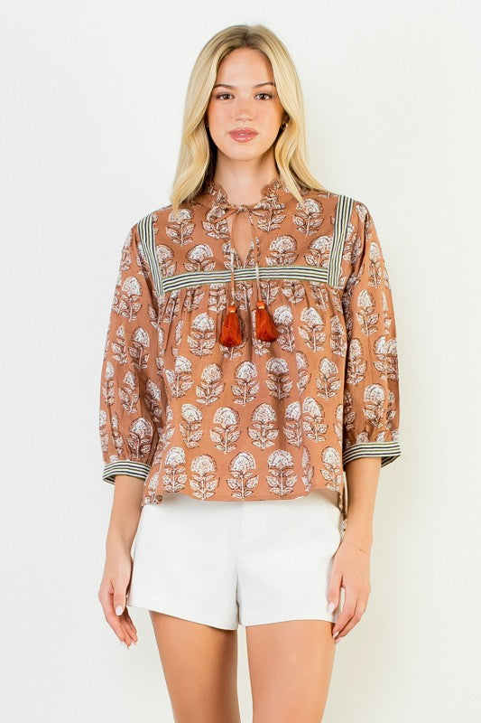 THML Women's Top Floral Tassel Tie Balloon Sleeve Top