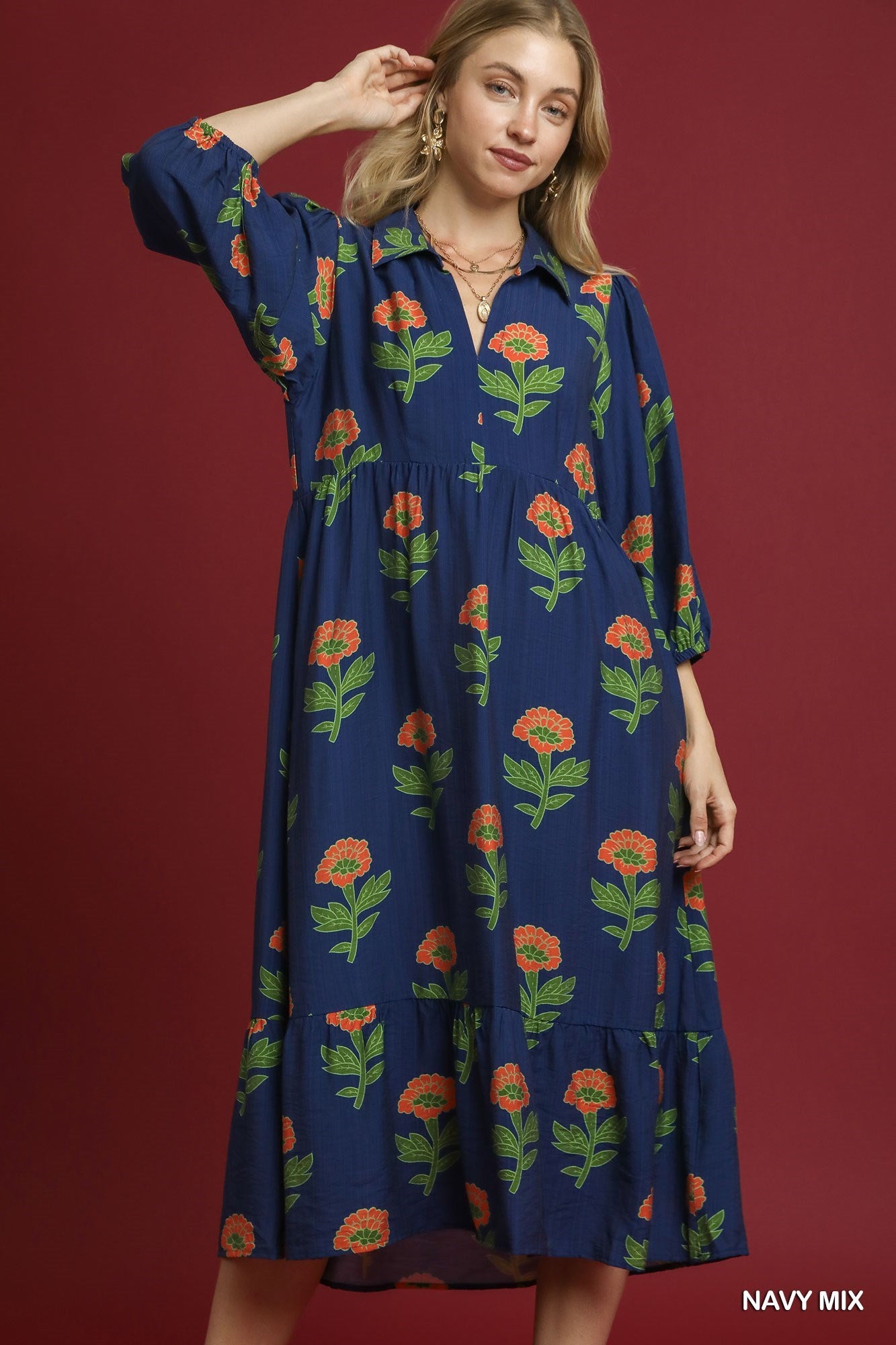 UMGEE USA Women's Dresses Floral Print Maxi Dress with Bubble Sleeves