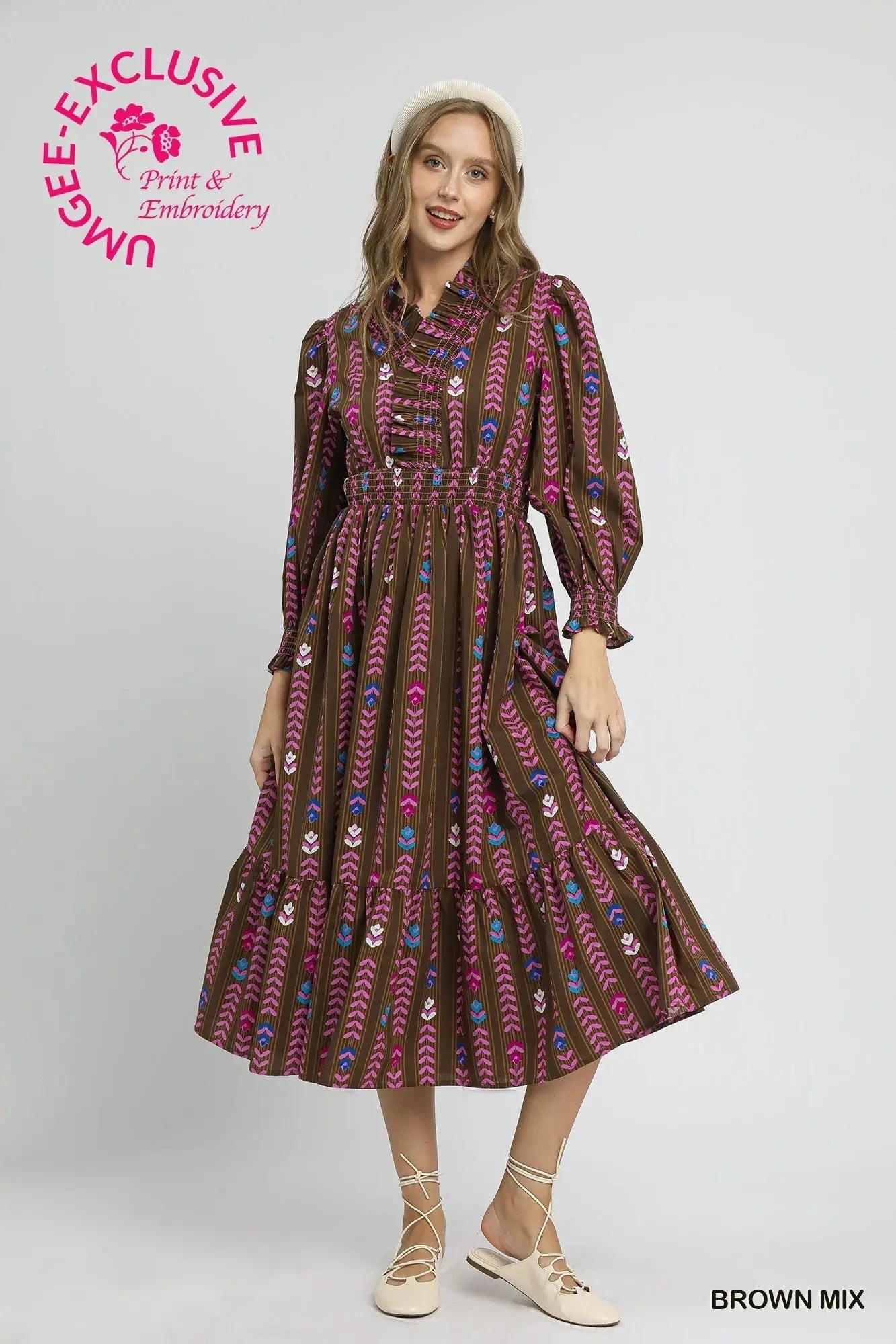 UMGEE USA Women's Dresses Striped Floral Print Midi Dress with Ruffle Collar