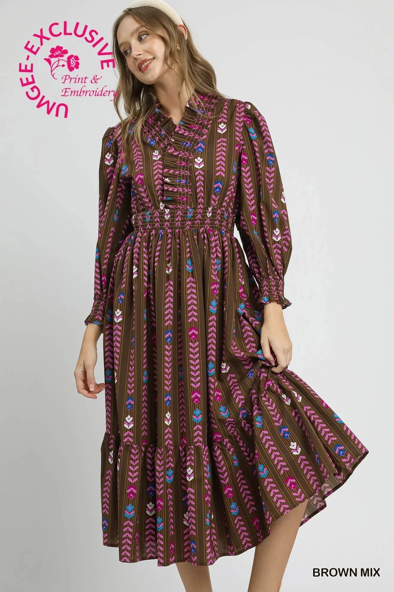 UMGEE USA Women's Dresses Striped Floral Print Midi Dress with Ruffle Collar