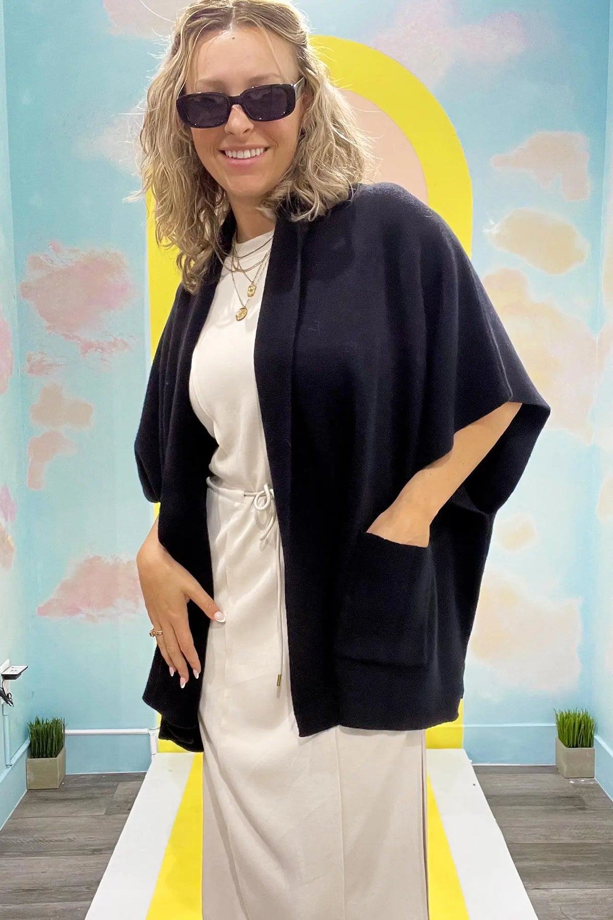 UMGEE USA Women's Sweaters BLACK / S/M Solid Knit Shawl Collar Cardigan || David's Clothing KS6001