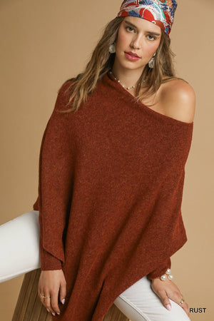 UMGEE USA Women's Sweaters RUST / S/M Knit Asymmetrical Poncho Sweater || David's Clothing K0834