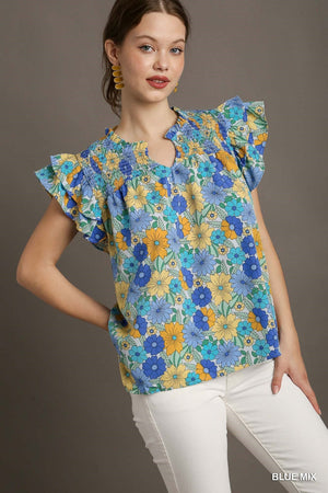 UMGEE USA Women's Top BLUE / S Split Neck Floral Printed York Top || David's Clothing K6728