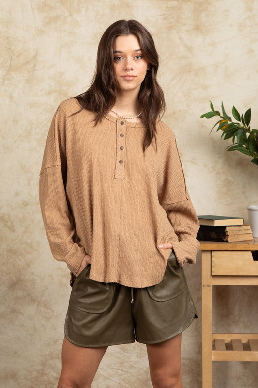 VERY J Women's Top Button Down Oversized Soft Henley Knit Top || David's Clothing