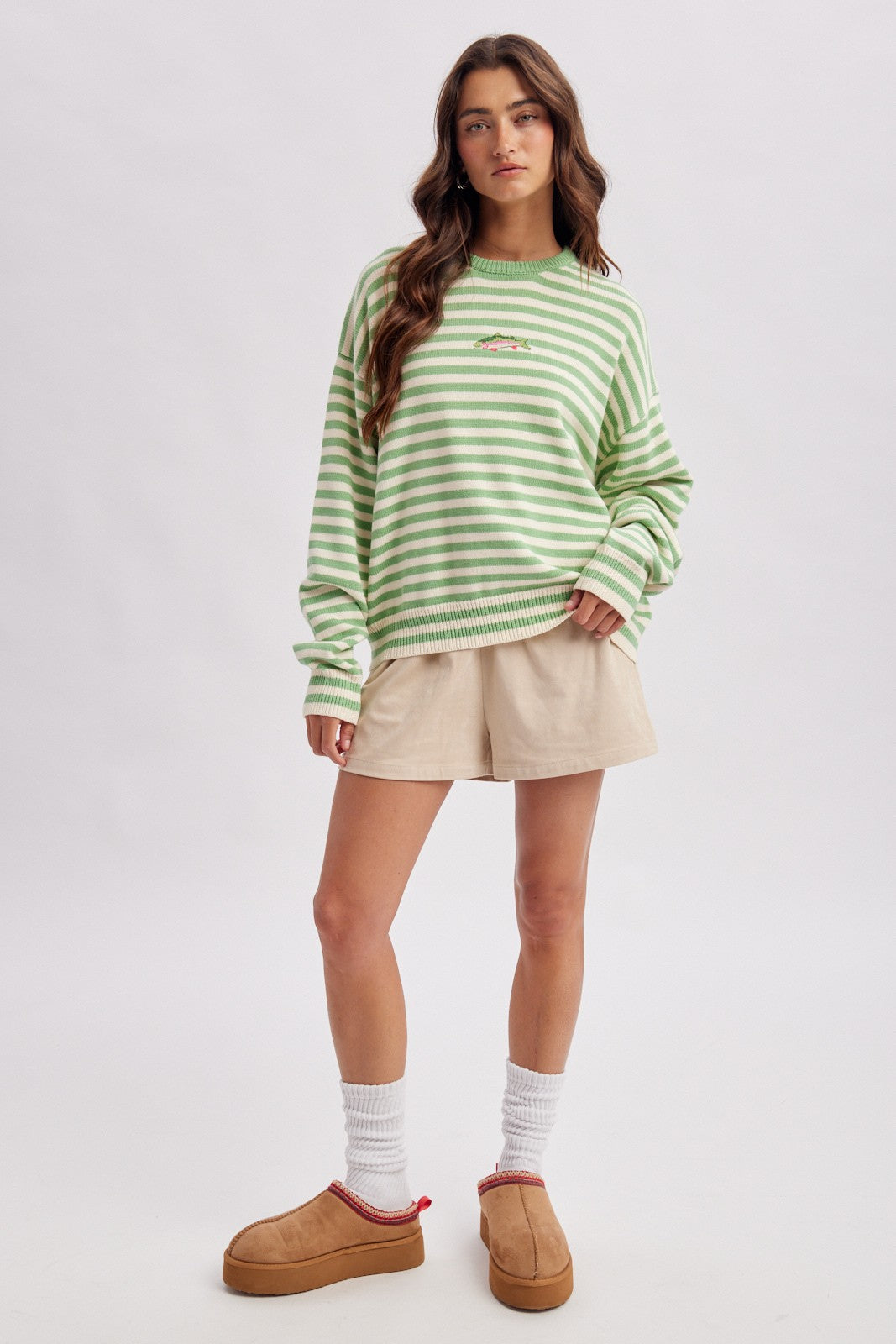 WISHLIST Women's Sweaters PISTACHI / S Striped Fish Coastal Graphic Sweater WL26-13524