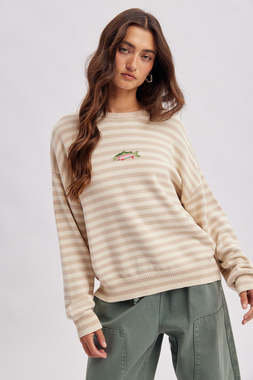 WISHLIST Women's Sweaters TAUPE / S Striped Fish Coastal Graphic Sweater WL26-13524
