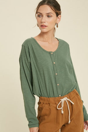 WISHLIST Women's Top GREEN TE / S Button-Up Cotton Slub Top || David's Clothing WL21-5867