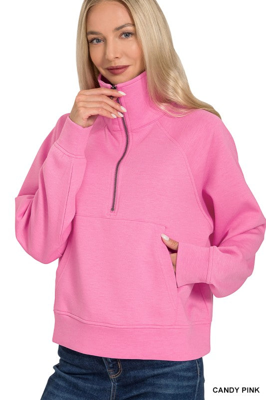ZENANA Women's Pullovers CANDY PI / S Scuba Half Zip Pullover With Kangaroo Pocket ROT-4122Y