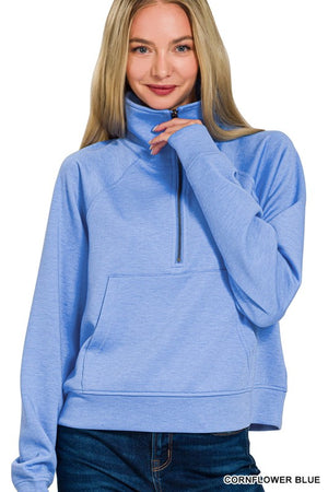 ZENANA Women's Pullovers CORN BLU / S Scuba Half Zip Pullover With Kangaroo Pocket ROT-4122Y