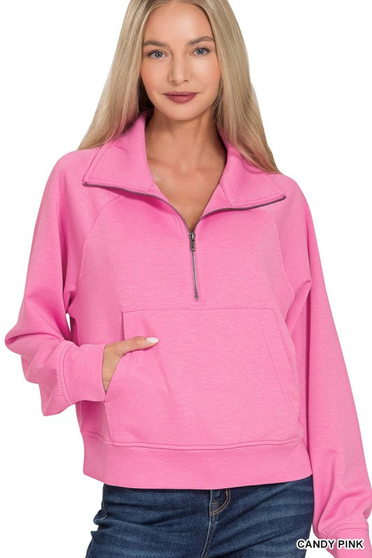 ZENANA Women's Pullovers Scuba Half Zip Pullover With Kangaroo Pocket