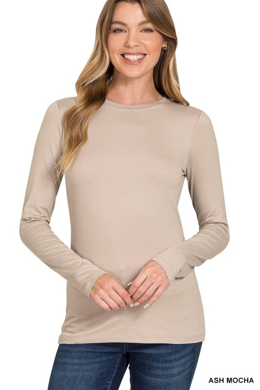 ZENANA Women's Top ASH MOCH / S Brushed Microfiber Long Sleeve Round Neck Tee MT-2053M8