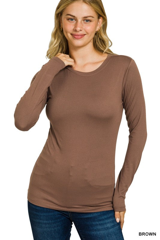 ZENANA Women's Top BROWN / S Brushed Microfiber Long Sleeve Round Neck Tee MT-2053M8
