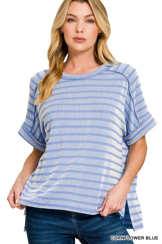 ZENANA Women's Top CORN BLUE / S Raised Rib Striped Exposed Seam Top RTL-8627A5