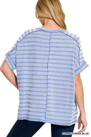 ZENANA Women's Top Raised Rib Striped Exposed Seam Top